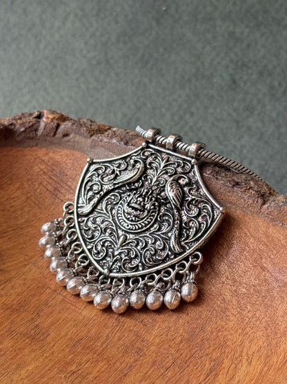 Silver Plated Peacock Engraved Oxidised Necklace with Chain