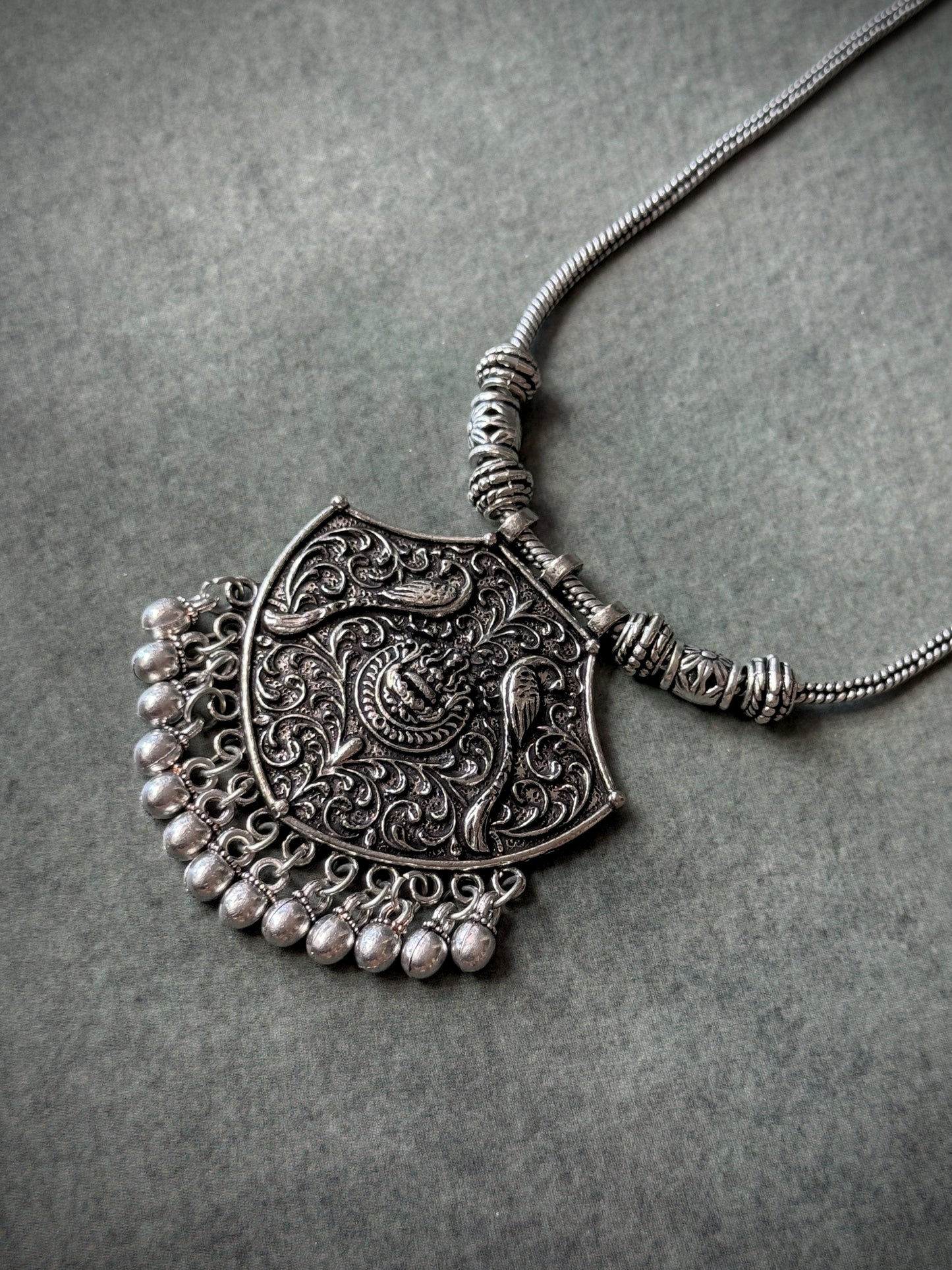 Silver Plated Peacock Engraved Oxidised Necklace with Chain