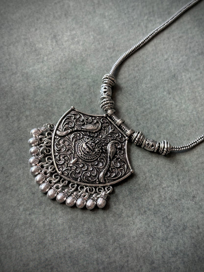 Silver Plated Peacock Engraved Oxidised Necklace with Chain