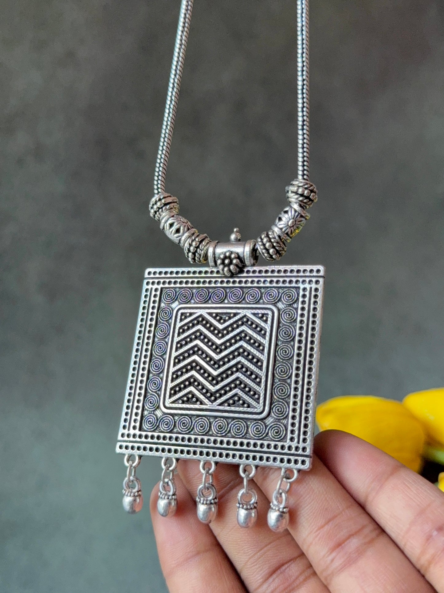 Square Oxidized Necklace with Chain