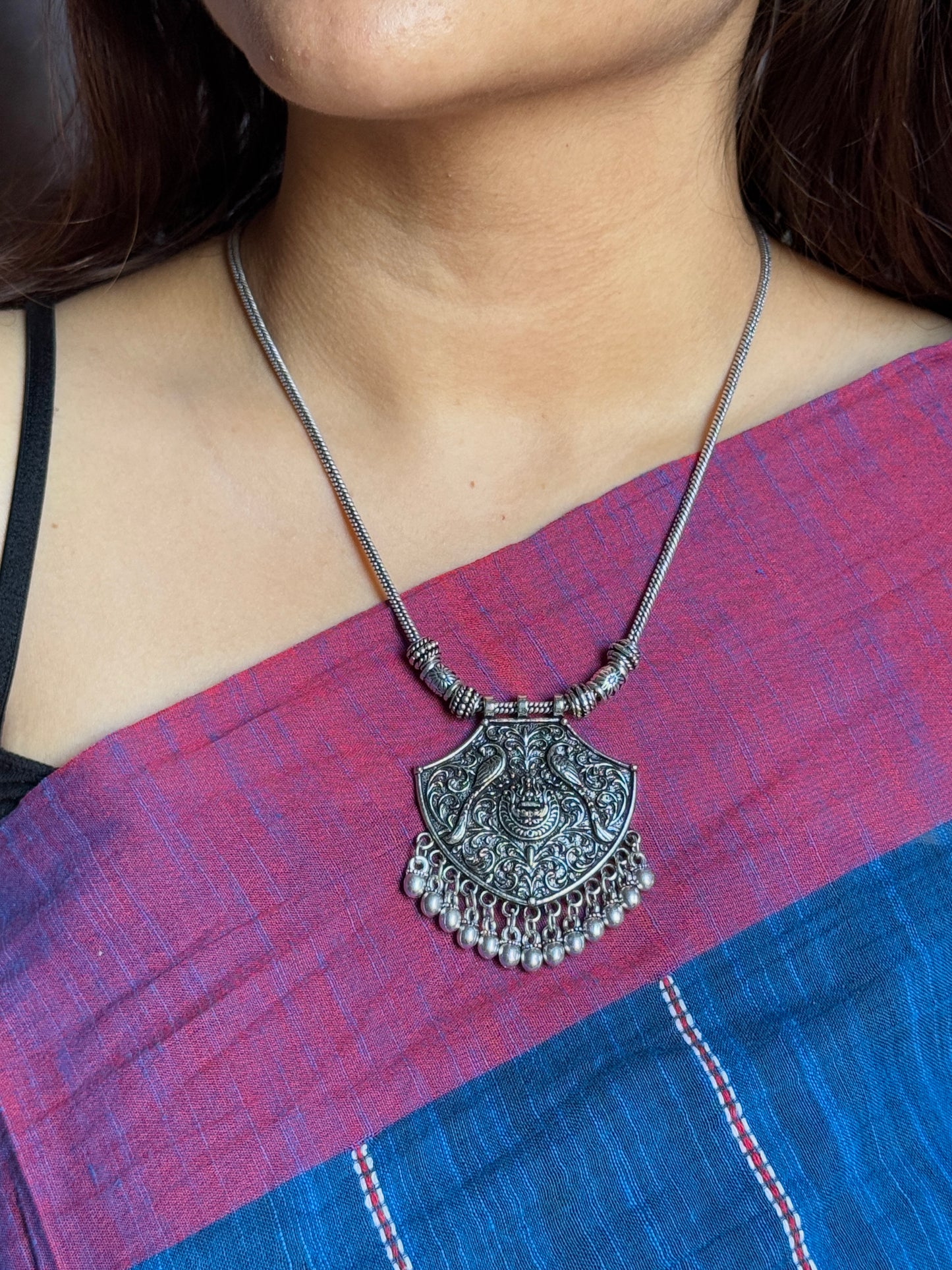 Silver Plated Peacock Engraved Oxidised Necklace with Chain
