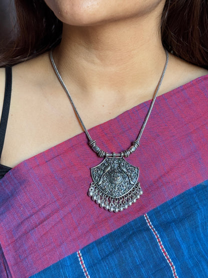 Silver Plated Peacock Engraved Oxidised Necklace with Chain