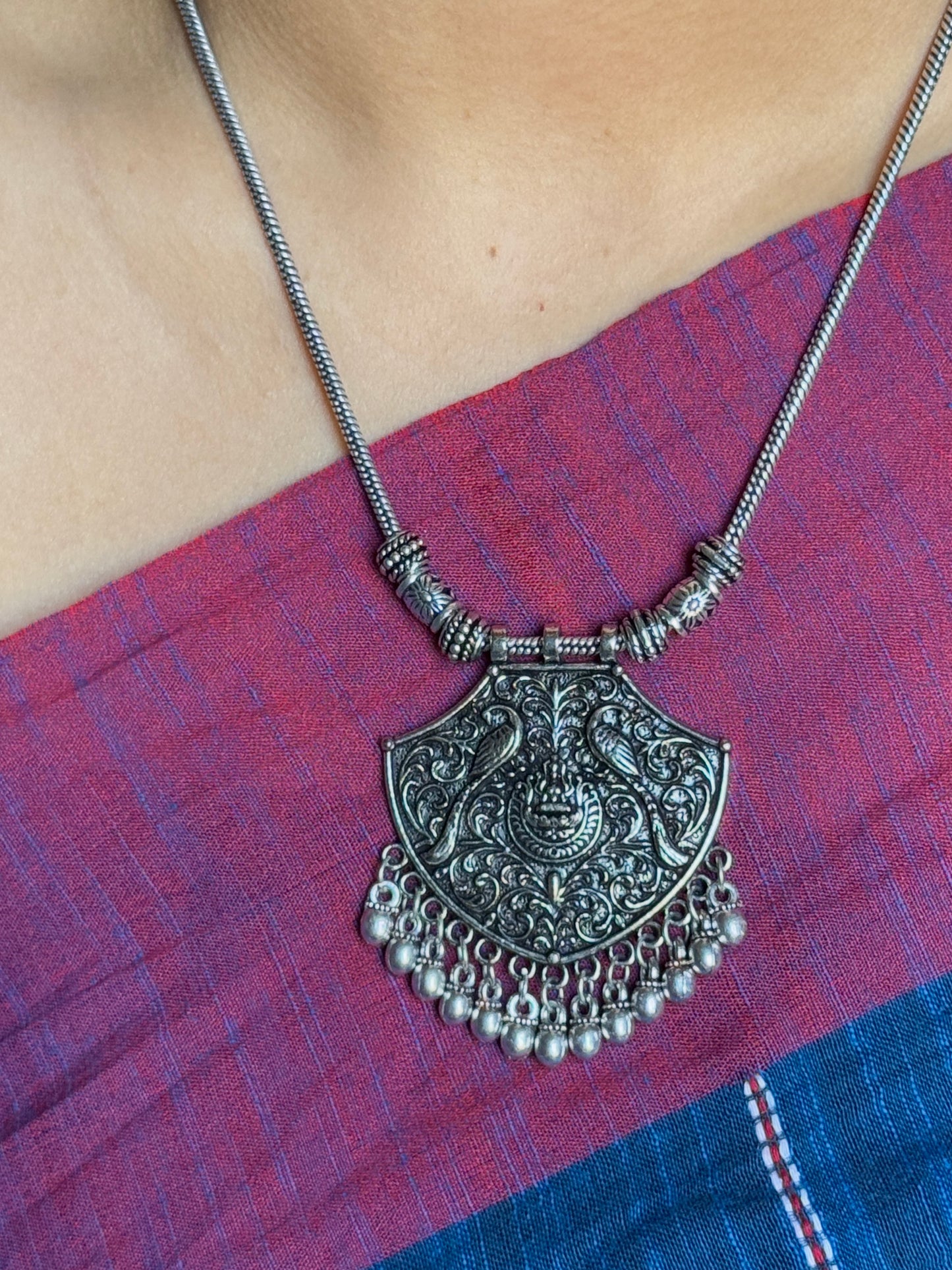 Silver Plated Peacock Engraved Oxidised Necklace with Chain