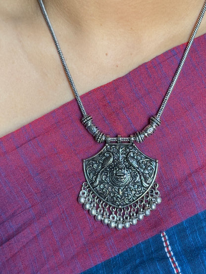 Silver Plated Peacock Engraved Oxidised Necklace with Chain