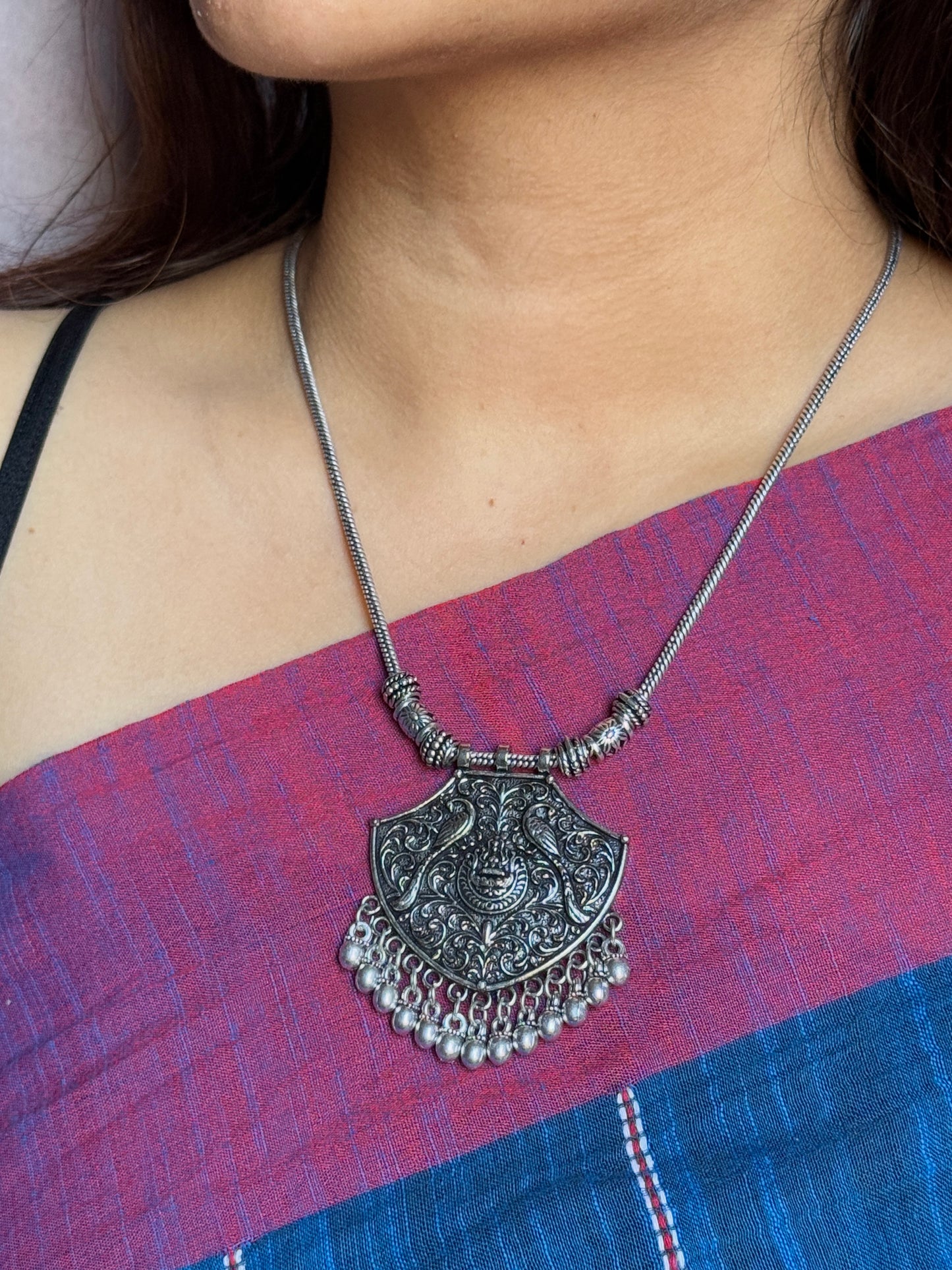 Silver Plated Peacock Engraved Oxidised Necklace with Chain