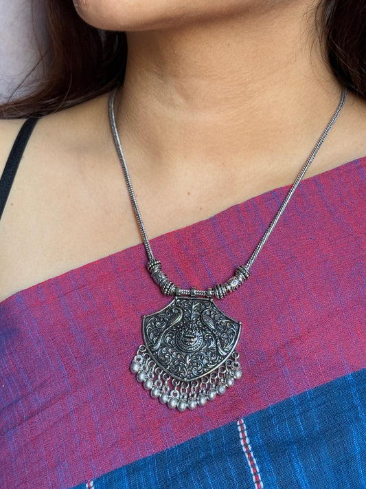 Silver Plated Peacock Engraved Oxidised Necklace with Chain