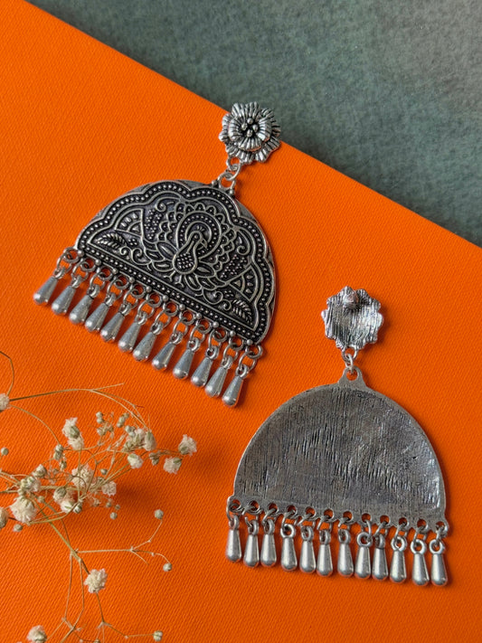Dangling Peacock Engraved Oxidised Earrings for Women