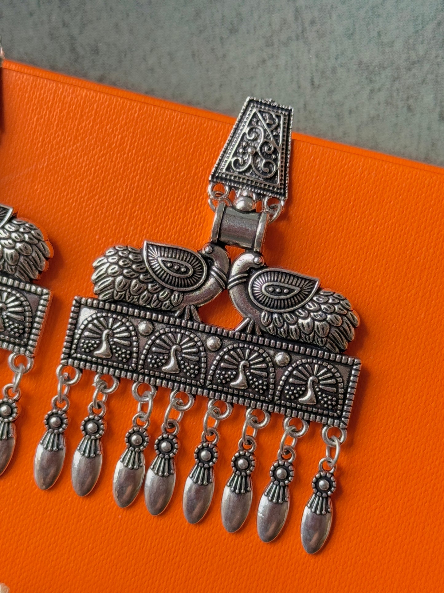 Double Peacock Self-Engraved Oxidised Earrings for Women