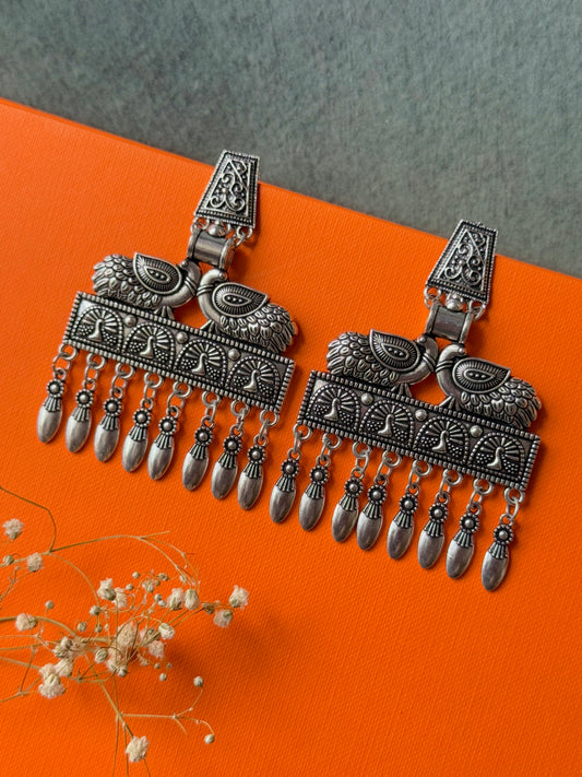 Double Peacock Self-Engraved Oxidised Earrings for Women