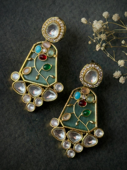Monzonite Stone Embedded Golden Earrings for Women