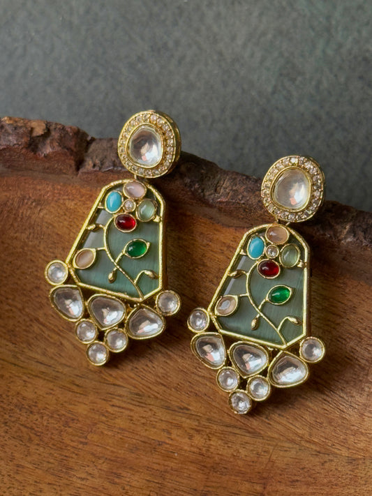Monzonite Stone Embedded Golden Earrings for Women