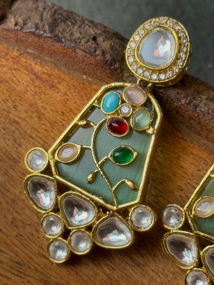 Monzonite Stone Embedded Golden Earrings for Women