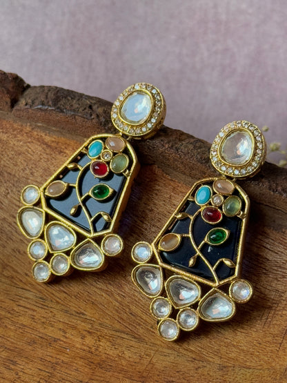 Monzonite Stone Embedded Golden Earrings for Women