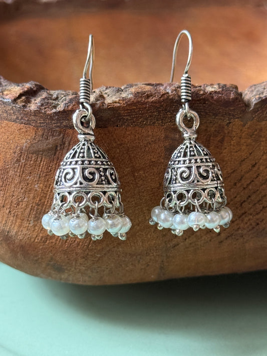 Silver Lookalike Small Jhumka with Embedded Pearls