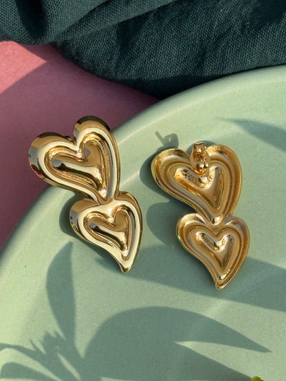 Dual Heart Anti-Tarnish Golden Earrings