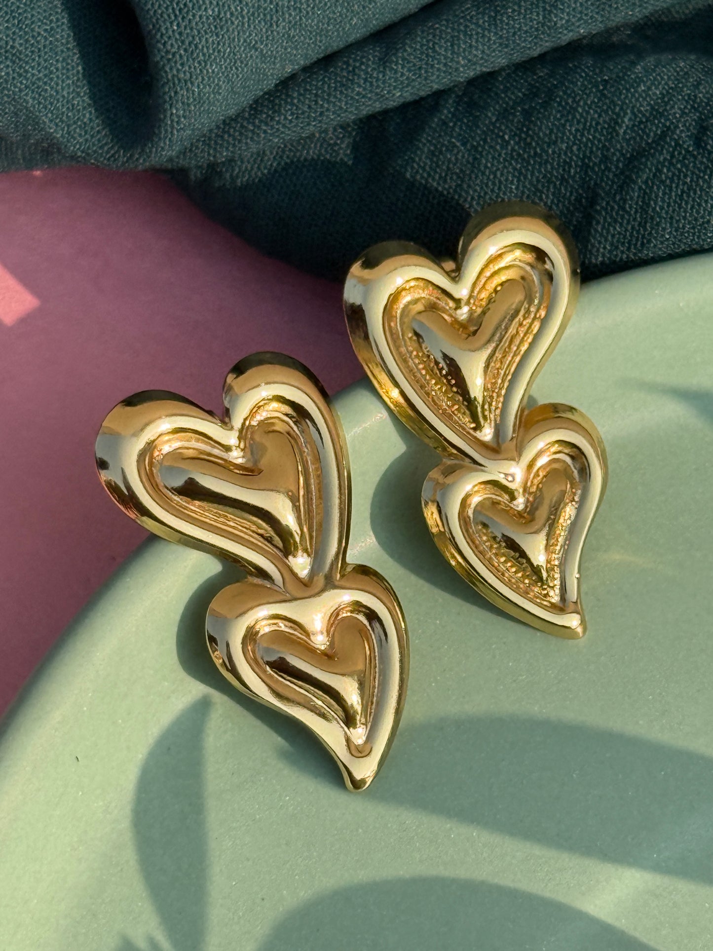 Dual Heart Anti-Tarnish Golden Earrings