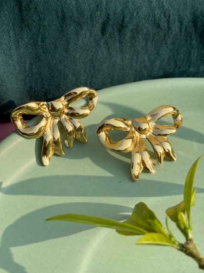 Anti-Tarnish Bow Gold Statement Earrings