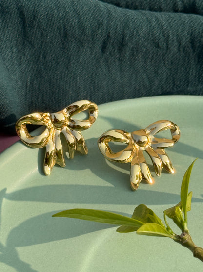Anti-Tarnish Bow Gold Statement Earrings