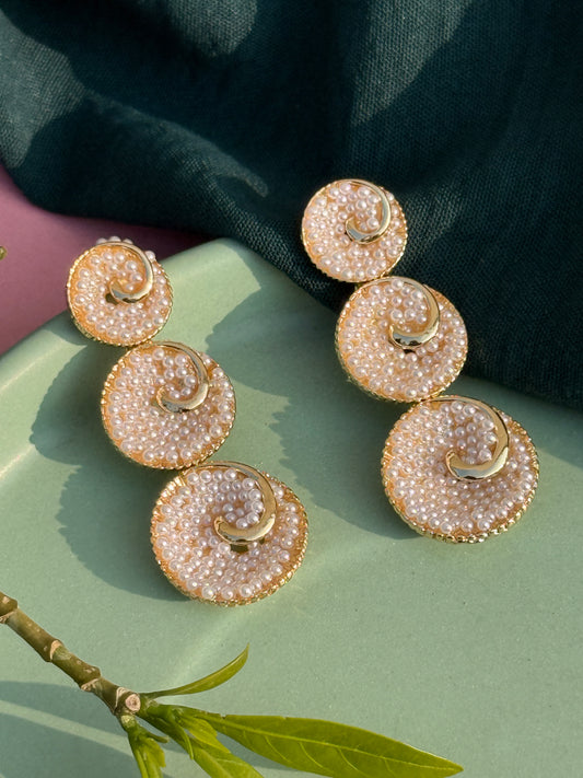 Three-Layered Circular Pearl Embedded Statement Earrings