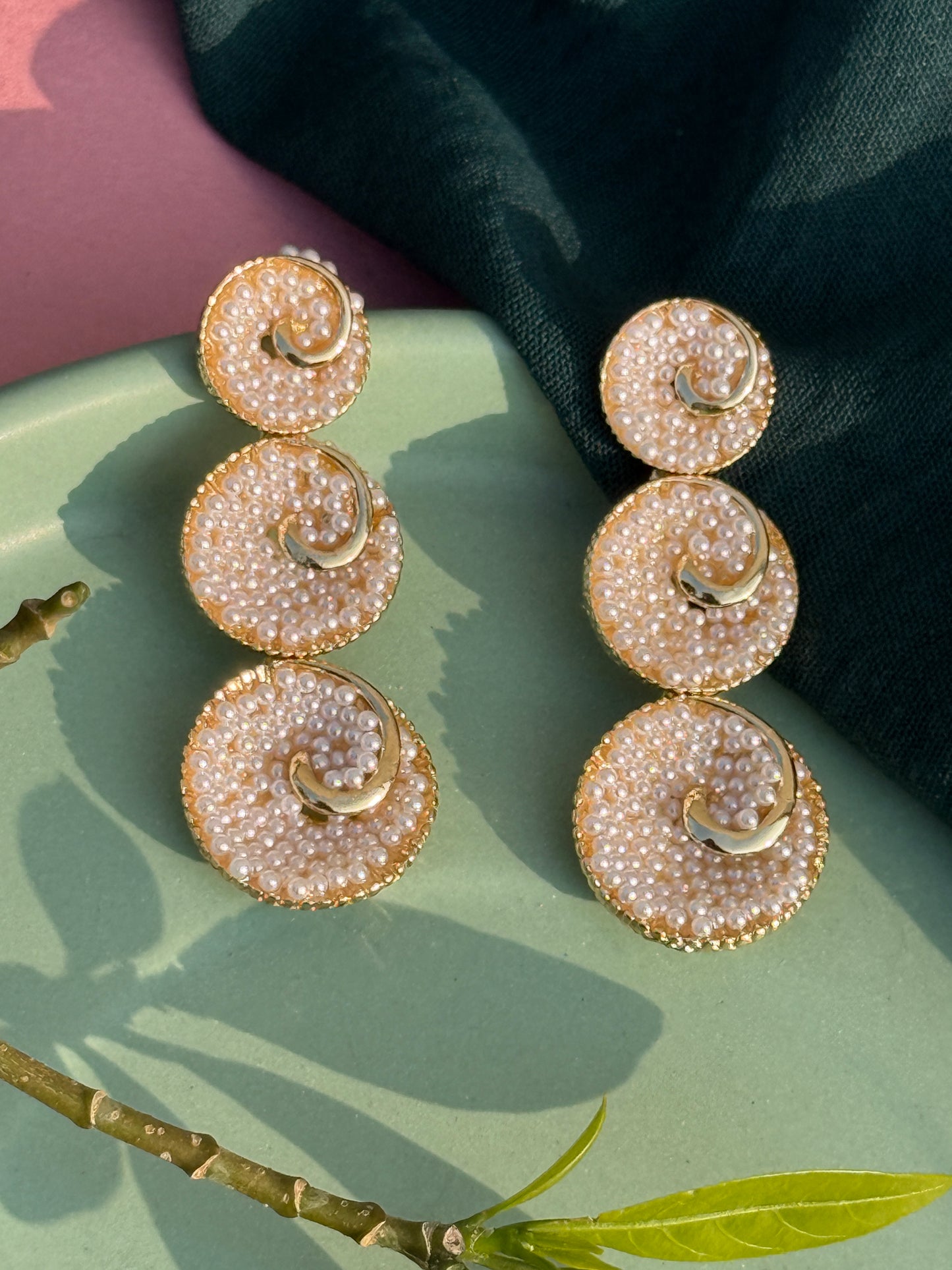 Three-Layered Circular Pearl Embedded Statement Earrings