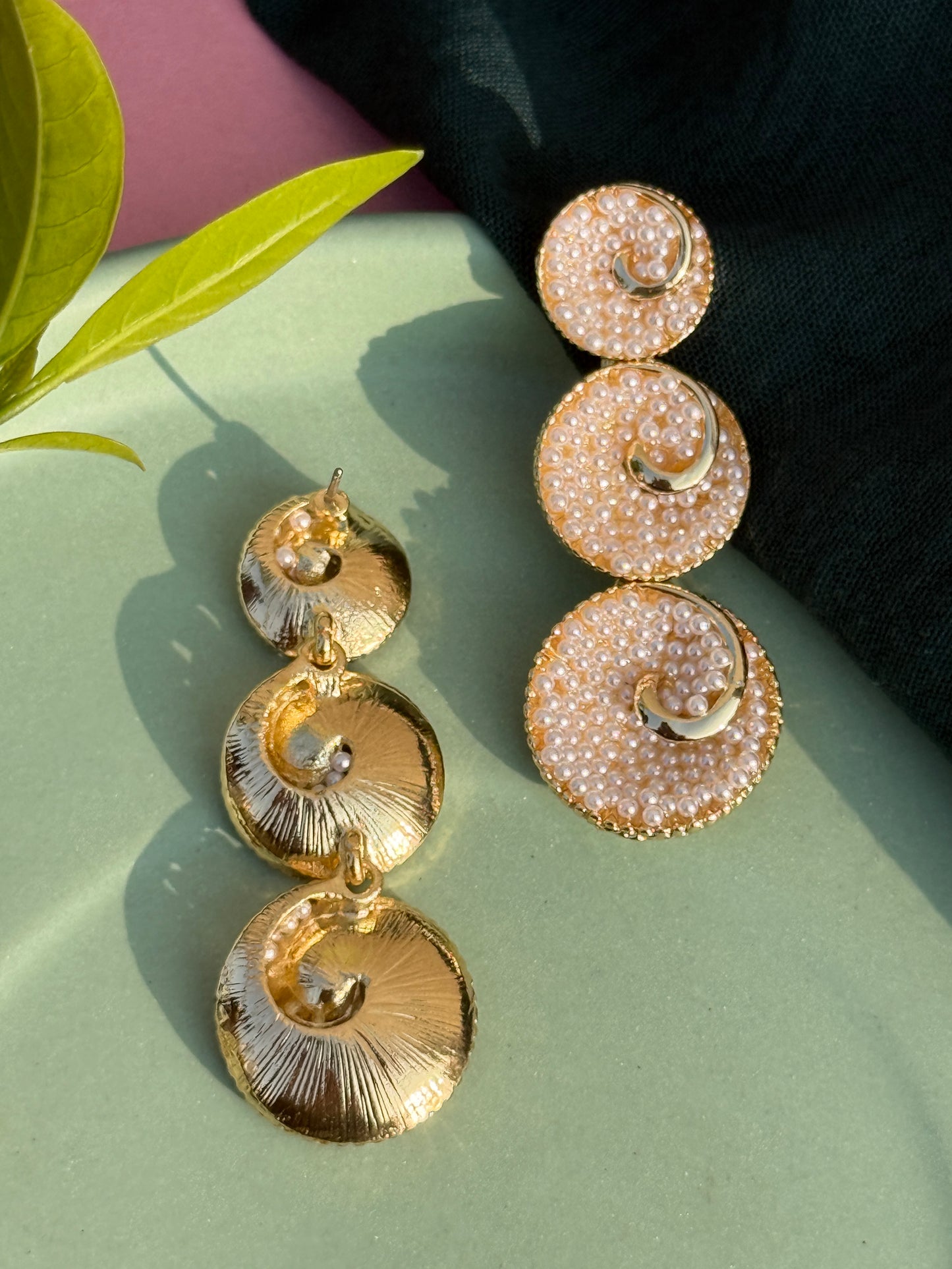 Three-Layered Circular Pearl Embedded Statement Earrings