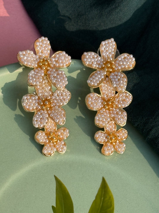 Three-Layered Floral Pearl Embedded Statement Earrings