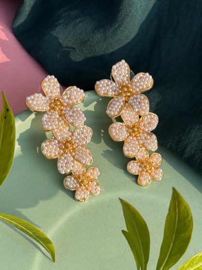 Three-Layered Floral Pearl Embedded Statement Earrings
