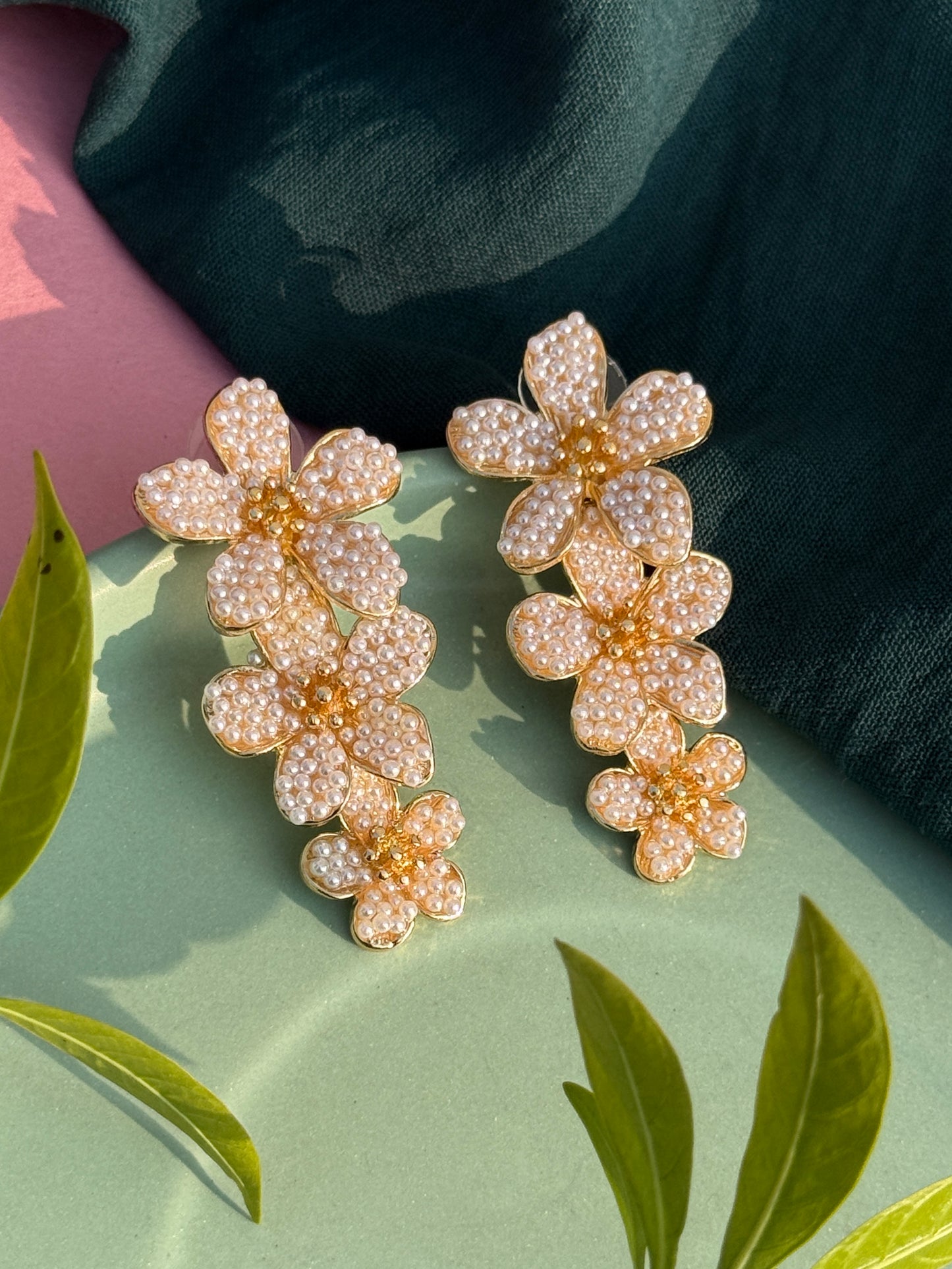 Three-Layered Floral Pearl Embedded Statement Earrings