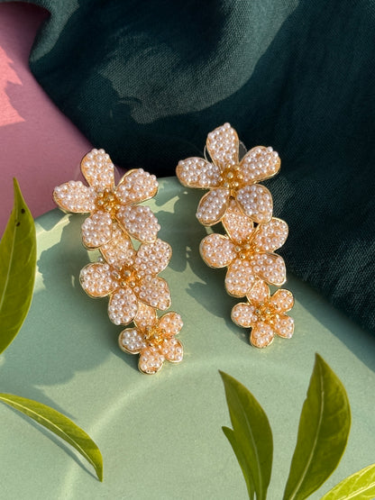 Three-Layered Floral Pearl Embedded Statement Earrings