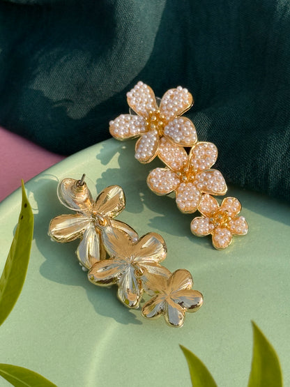 Three-Layered Floral Pearl Embedded Statement Earrings