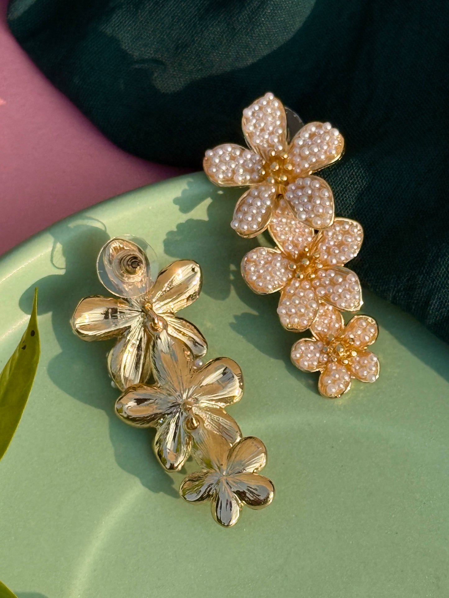 Three-Layered Floral Pearl Embedded Statement Earrings