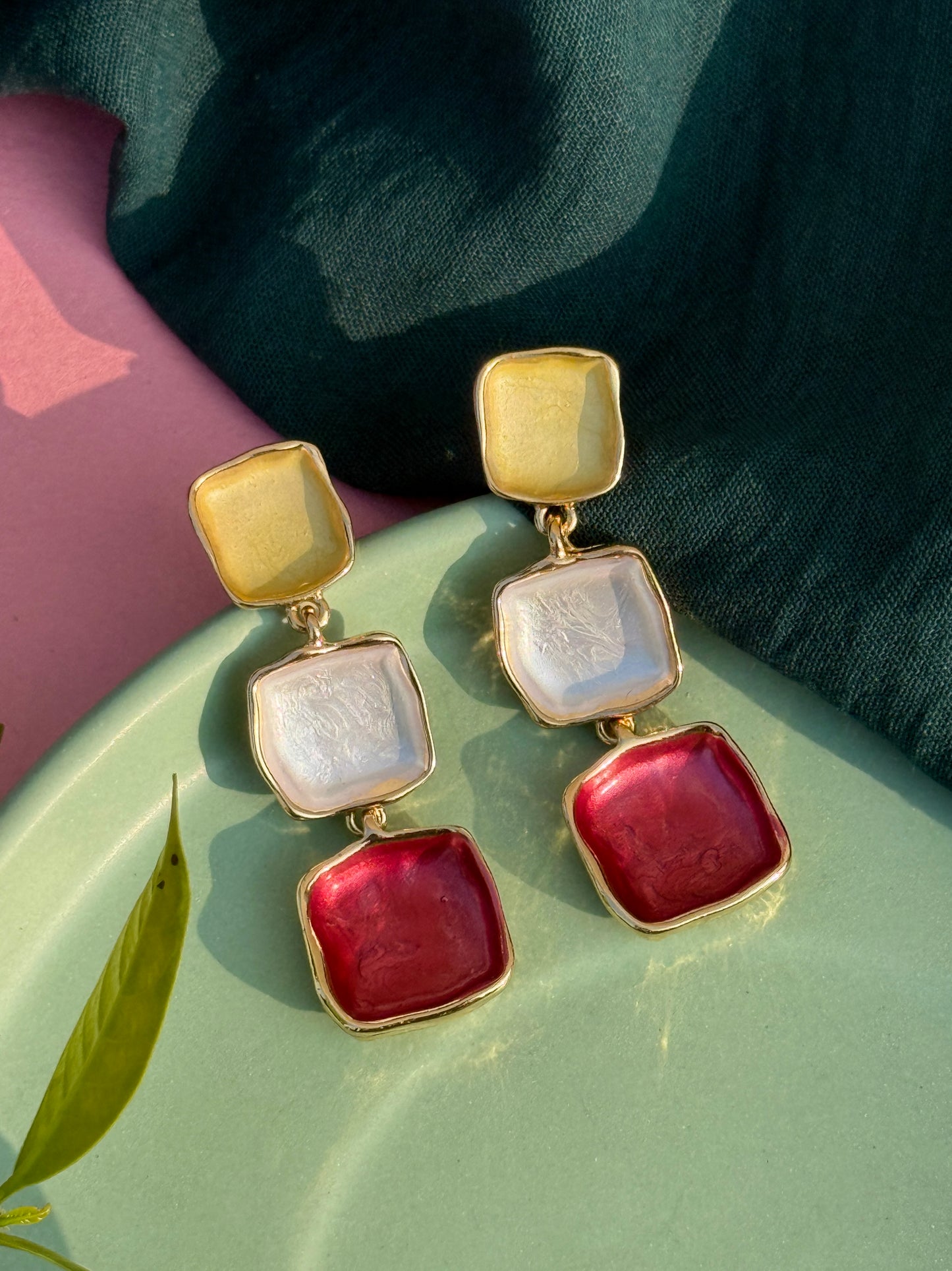 Trio-Tone Enamel Luxe Drop Earrings