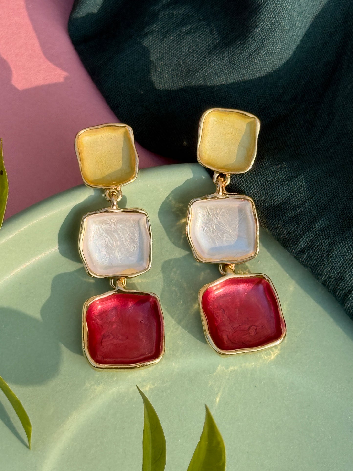 Trio-Tone Enamel Luxe Drop Earrings