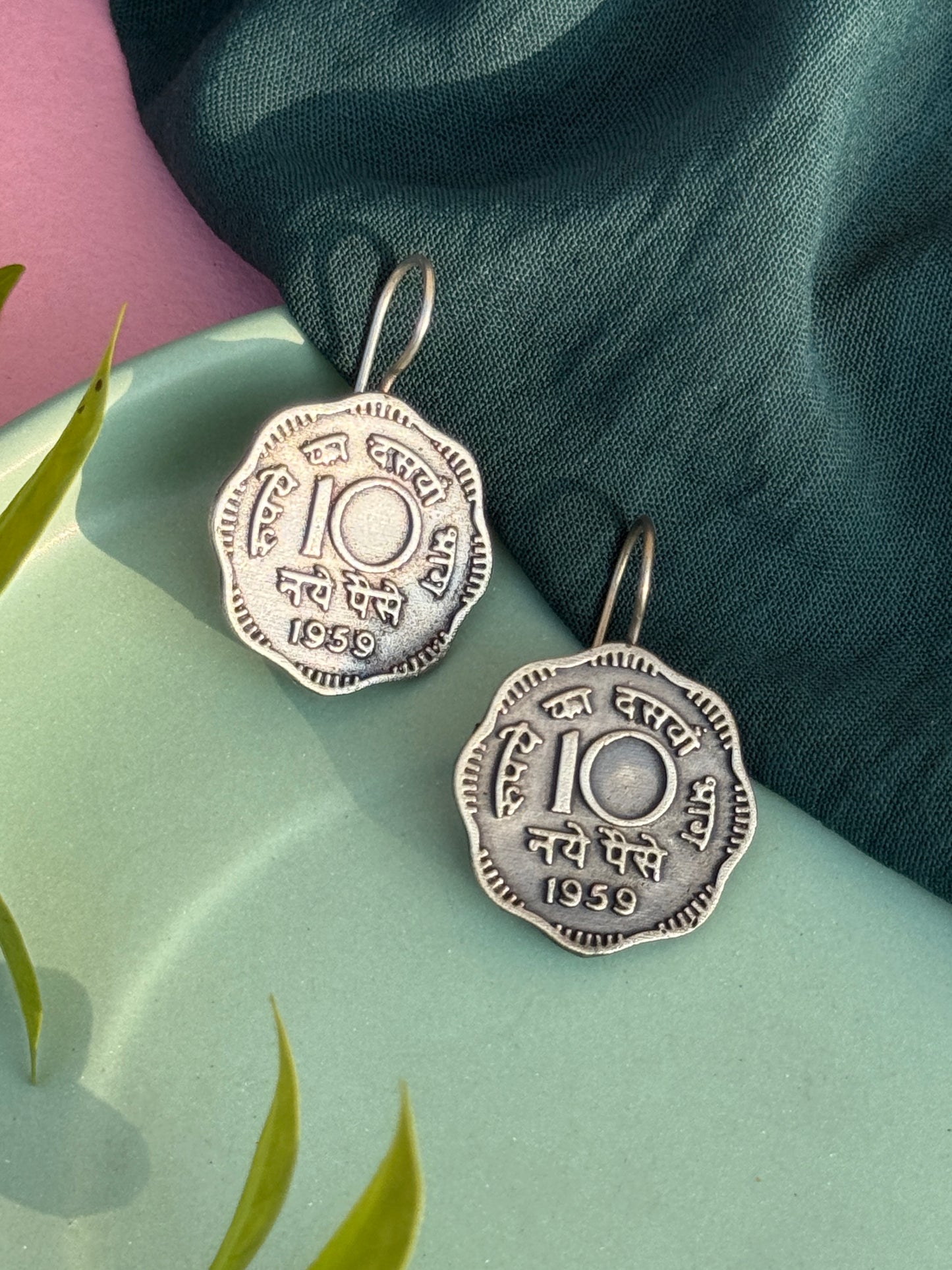 Vintage Oxidised Silver 10 Paisa Coin Earrings