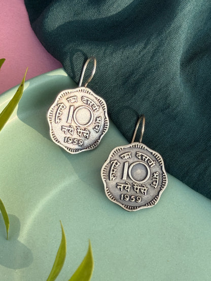 Vintage Oxidised Silver 10 Paisa Coin Earrings