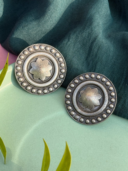 Silver Replica Round Leaf Embedded Stud Earrings
