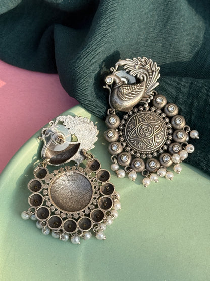 Silver Polish Hanging Pearl Chandbali Earrings