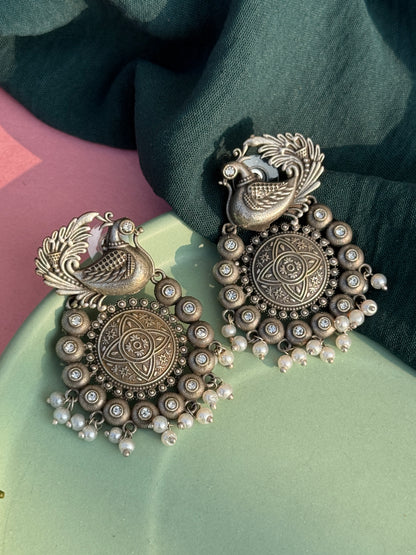 Silver Polish Hanging Pearl Chandbali Earrings