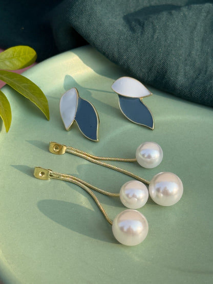 2-in-1 Leaf Earrings with Detachable Dangling Pearls