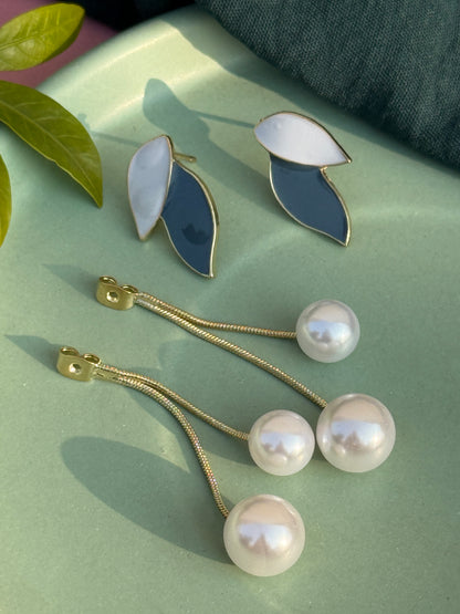 2-in-1 Leaf Earrings with Detachable Dangling Pearls