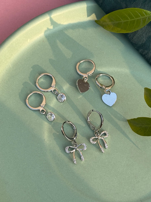 Set of 3 Charms Silver Earrings – Anti-Tarnish (Heart, Bow & Stone)