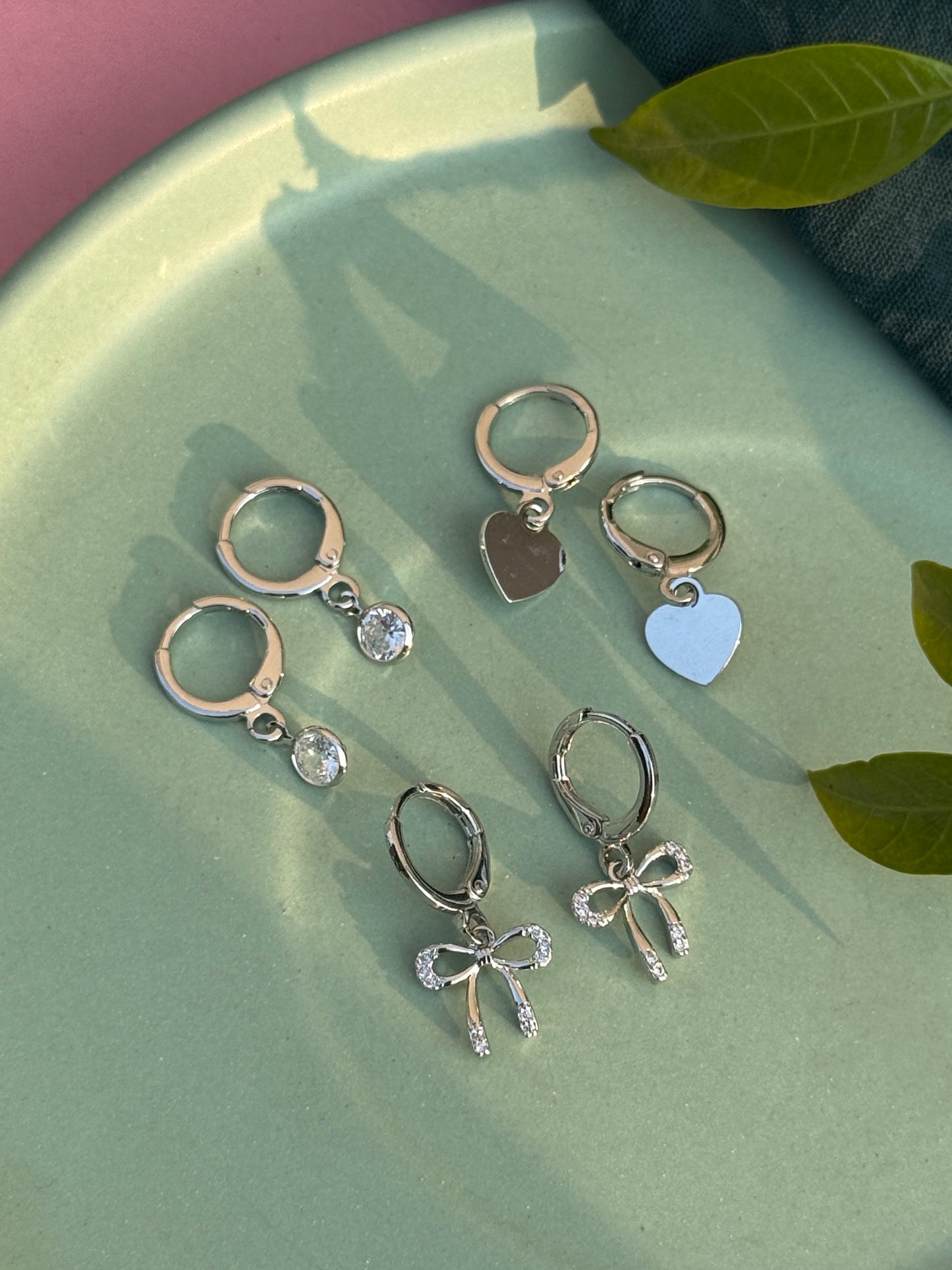 Set of 3 Charms Silver Earrings – Anti-Tarnish (Heart, Bow & Stone)