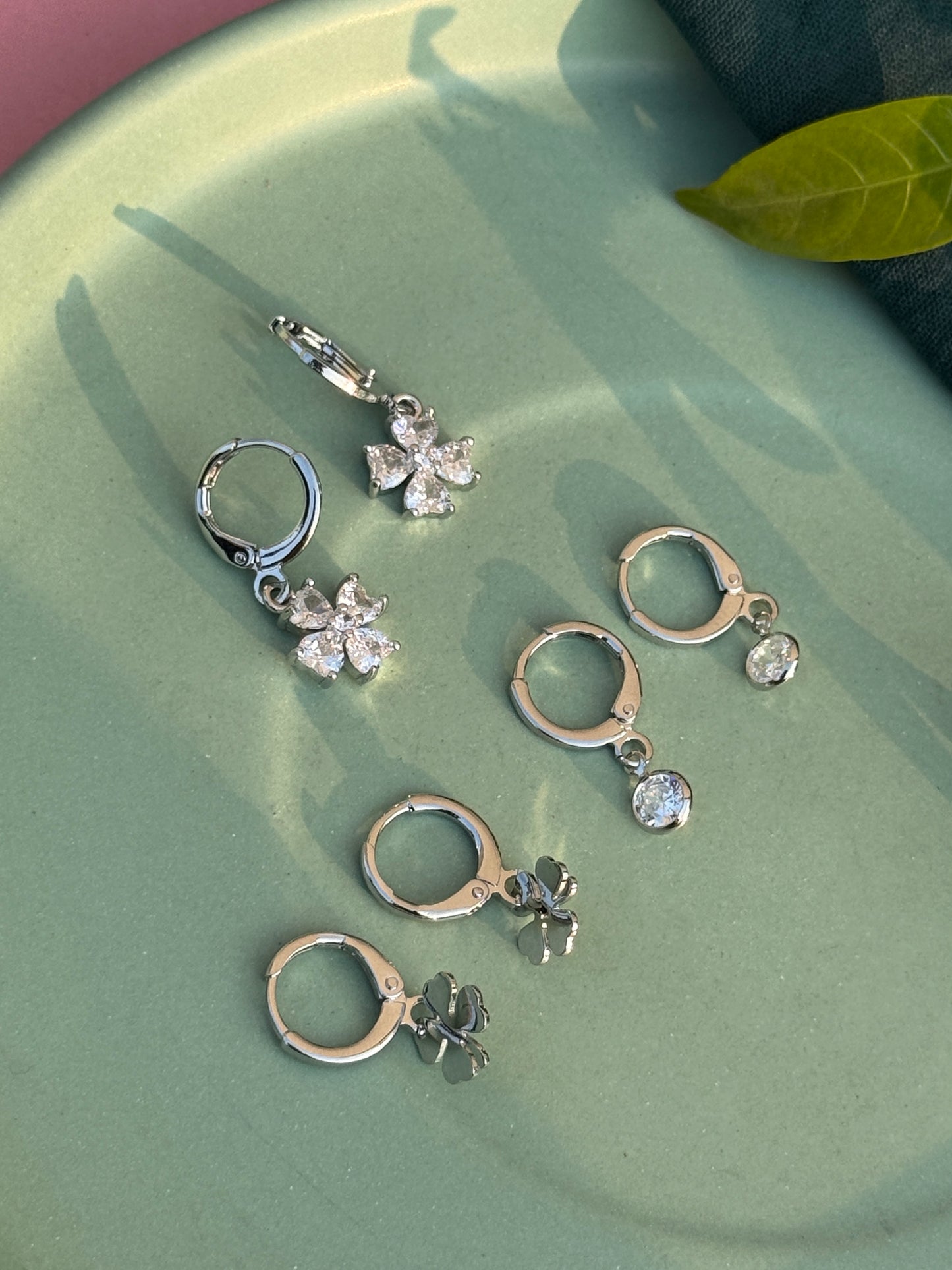 Set of 3 Charms Silver Earrings – Anti-Tarnish (Clover Leaf, Flower & Stone)