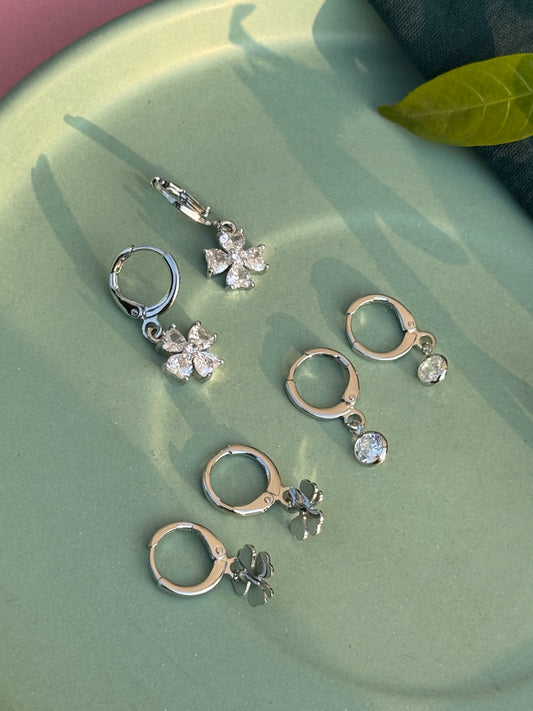 Set of 3 Charms Silver Earrings – Anti-Tarnish (Clover Leaf, Flower & Stone)