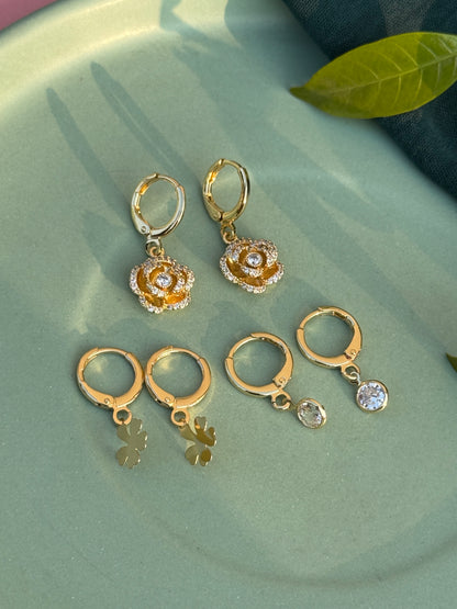 Set of 3 Charms Earrings – Anti-Tarnish (Clover Leaf, Flower & Stone)