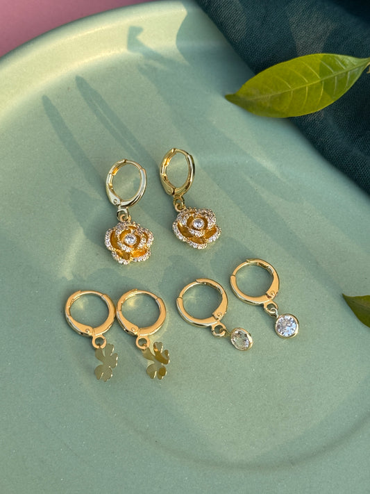 Set of 3 Charms Earrings – Anti-Tarnish (Clover Leaf, Flower & Stone)