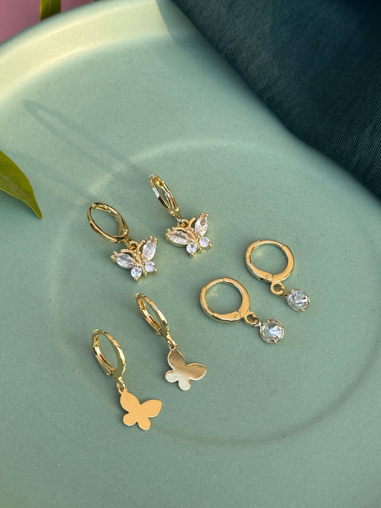 Set of 3 Golden Charms Earrings – Anti-Tarnish (Butterfly & Flower)