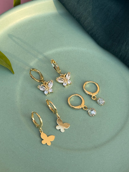 Set of 3 Golden Charms Earrings – Anti-Tarnish (Butterfly & Flower)