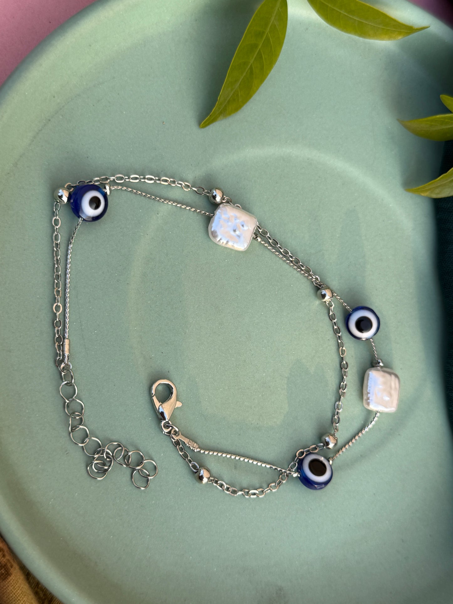 Dual Chain Evil Eye Charms Silver Anklet