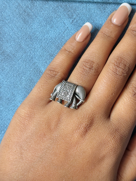 Elephant Oxidised Free-Size Ring for Women